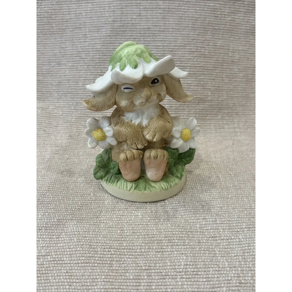 Vintage Ceramic Winking Bunny Flower Figurine Smile & the World Smiles With You